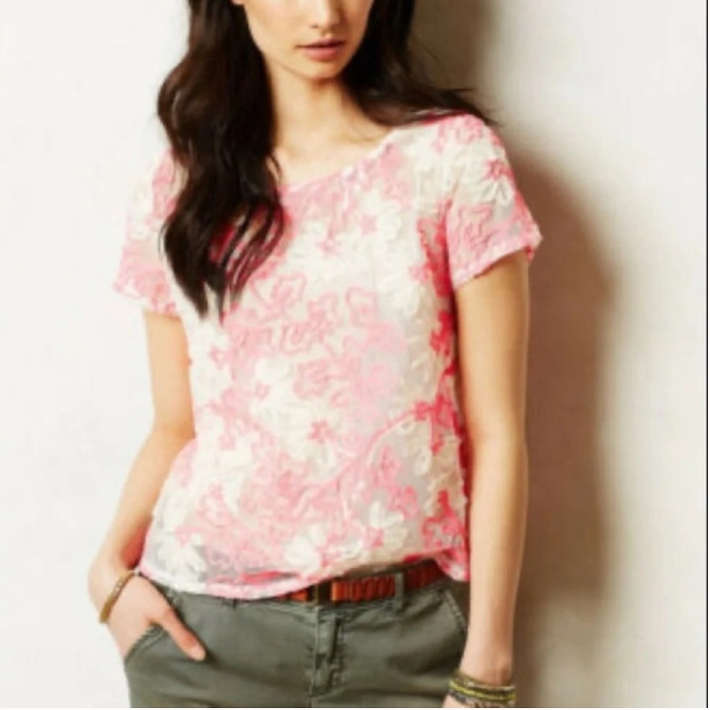 Anthropologie Meadow Rue Cherry Blossom Pink Ribbon Mesh Women's Top Size XS - Picture 2 of 9